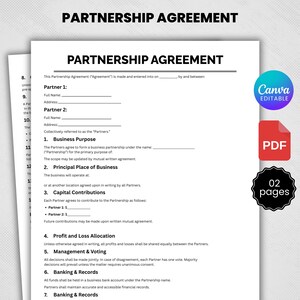 May include: A white Partnership Agreement document with black text. The document includes sections for Partner information, Business Purpose, Principal Place of Business, and Capital Contributions. A red PDF icon and a black "02 pages" sticker are visible.