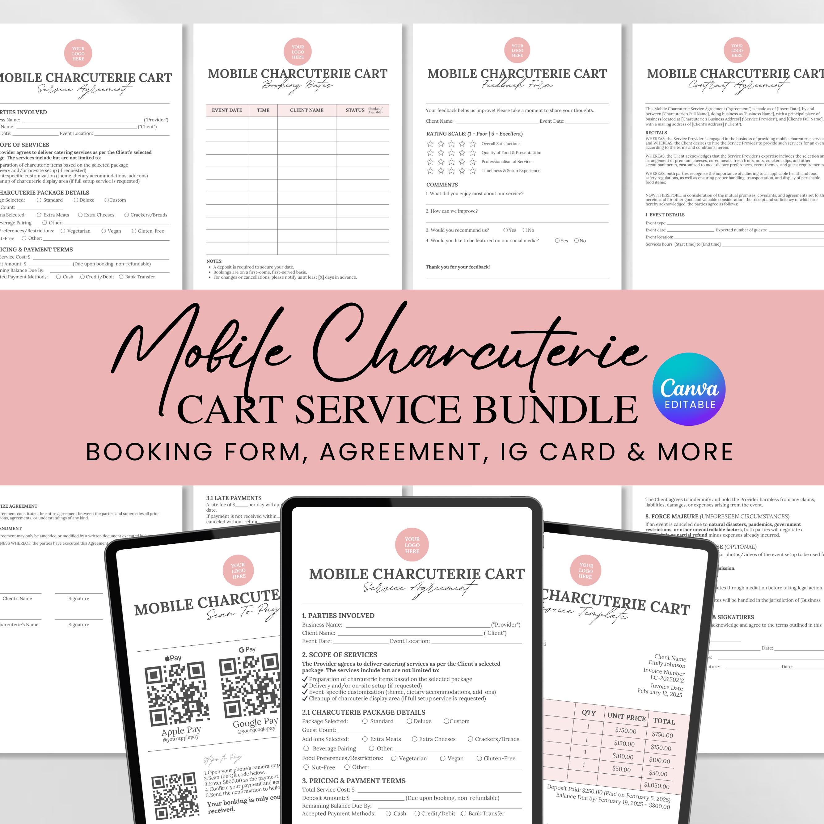 Paquete de carrito de charcutería móvil, plantilla de contrato de proveedor para eventos, contrato de alquiler de suministros para fiestas, contrato y formulario de pedido de charcutería móvil