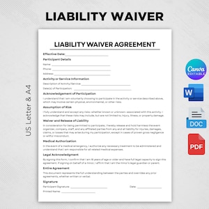 May include: A black and white Liability Waiver Agreement document template with fields for participant details, activity information, assumption of risk, and signature lines. The document is available in US Letter and A4 sizes with Canva, Word, and PDF icons.