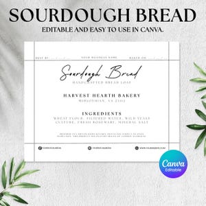 Puede incluir: Una etiqueta de pan de masa madre en blanco y negro con el texto "SOURDOUGH BREAD" en la parte superior. La etiqueta incluye el texto "HANDCRAFTED BREAD LOAF" y "HARVEST HEARTH BAKERY". La etiqueta es editable en Canva.