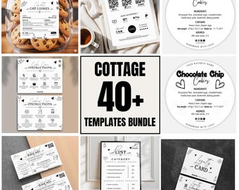 May include: A collection of templates for a small business, including cookie labels, payment QR codes, baking instructions, a menu, and loyalty cards. The templates are in black and white with floral accents. The text "COTTAGE 40+ TEMPLATES BUNDLE" is displayed.