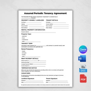 May include: A white Assured Periodic Tenancy Agreement document with black text, featuring sections for landlord and tenant details, rental property information, payment terms, and signature lines, accompanied by Canva, Word, and PDF icons.