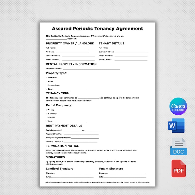 May include: A white Assured Periodic Tenancy Agreement document with black text, featuring sections for landlord and tenant details, rental property information, payment terms, and signature lines, accompanied by Canva, Word, and PDF icons.