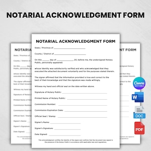 May include: A white Notarial Acknowledgment Form document with black text featuring fields for state, county, date, notary public details, commission information, and signer signature lines. Includes icons for Canva, Word, and PDF file formats.