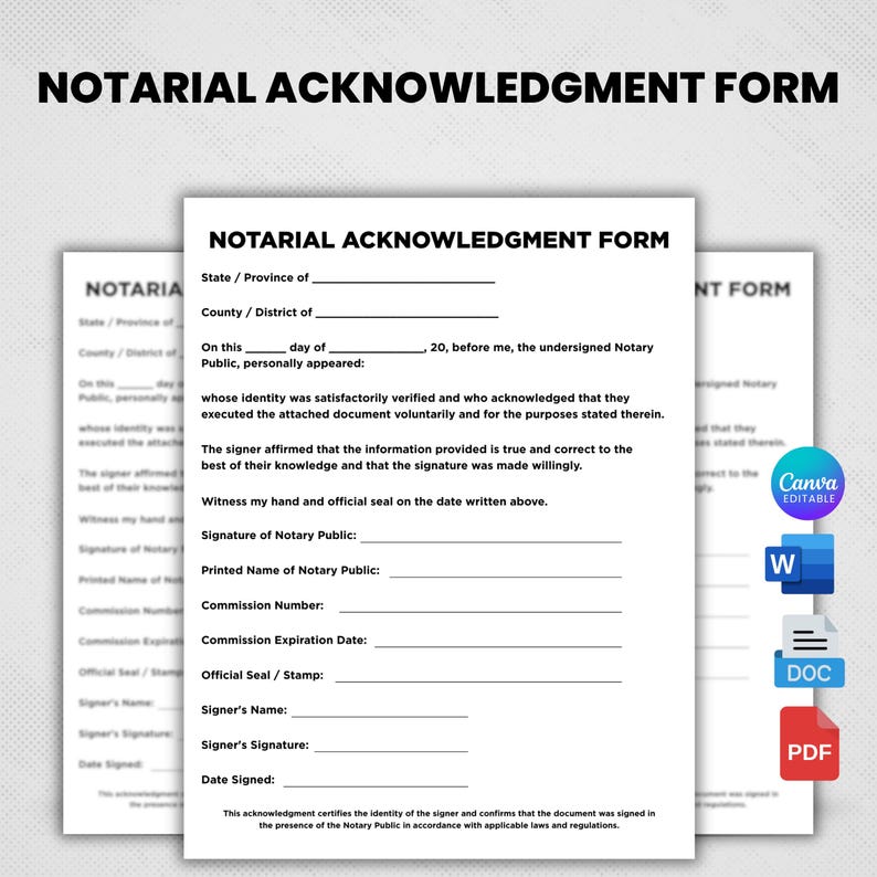 May include: A white Notarial Acknowledgment Form document with black text featuring fields for state, county, date, notary public details, commission information, and signer signature lines. Includes icons for Canva, Word, and PDF file formats.