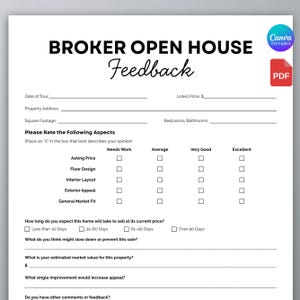 Broker’s Open Feedback Form, Feedback Form, Real Estate Template, Broker Open House Feedback Form. Feedback Questionnaire Canva Template
