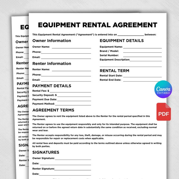 Equipment Rental Agreement Form, Printable Lease Equipment Template, Event Equipment Contract, Canva & PDF, Instant Download