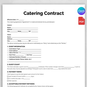 Catering Contract Template, Catering Service Contract, Catering Order Form, Contract Template, Food Service Contract Food Business Agreement