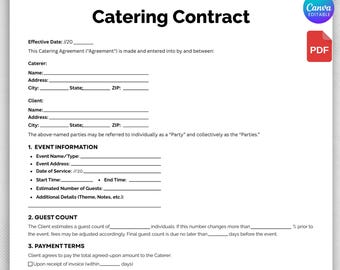 Catering Contract Template, Catering Service Contract, Catering Order Form, Contract Template, Food Service Contract Food Business Agreement