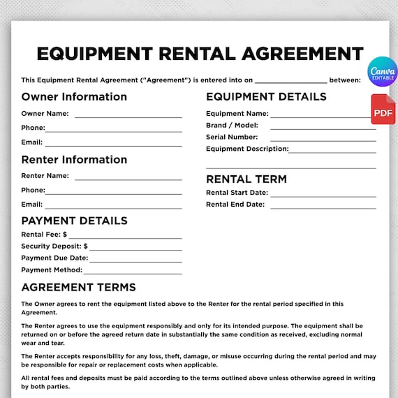 Equipment Rental Agreement Form, Printable Lease Equipment Template, Event Equipment Contract, Canva & PDF, Instant Download