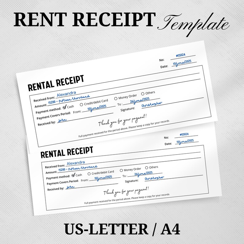 Editable Rent Receipt Template, Printable Simple Rent Receipt ...