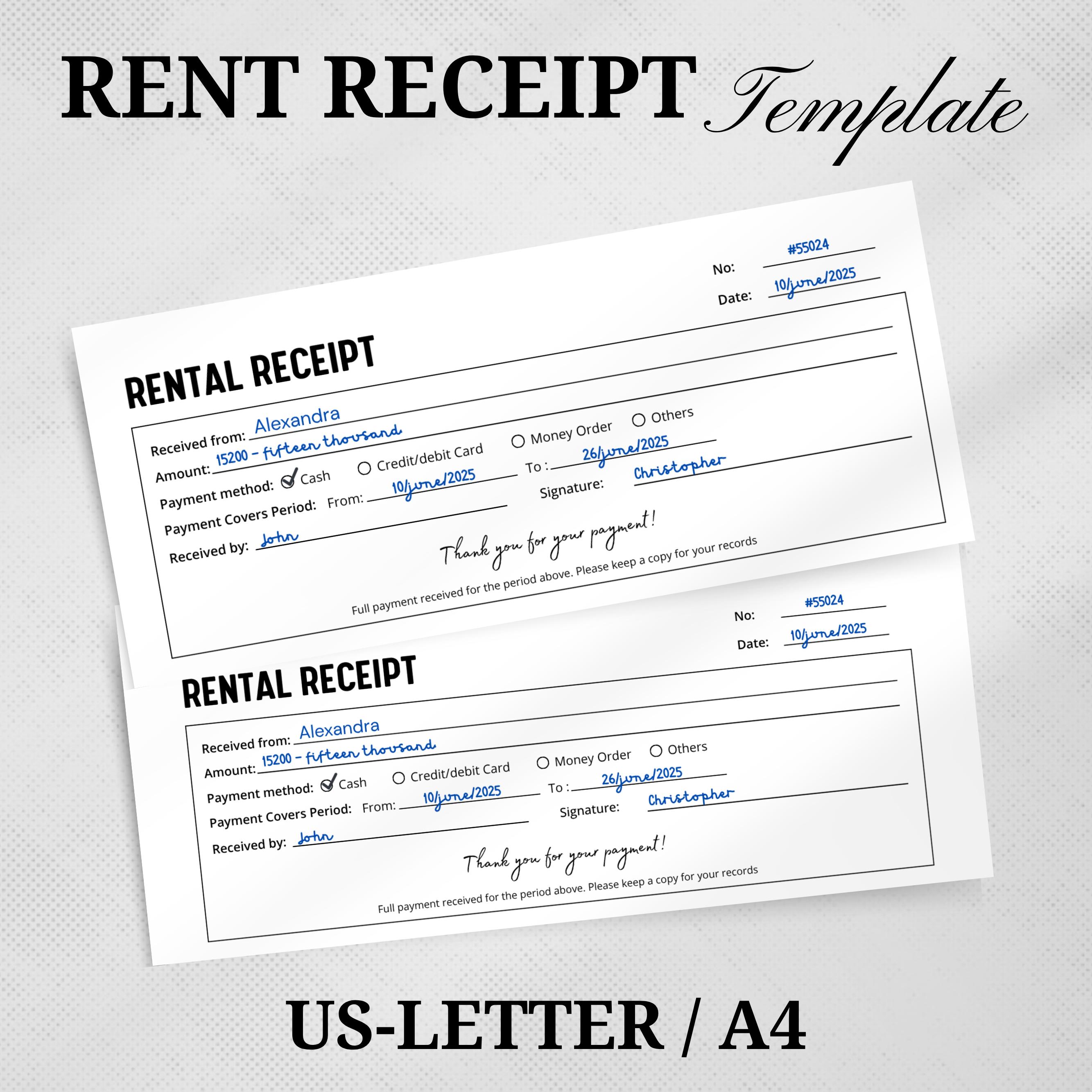 Editable Rent Receipt Template, Printable Simple Rent Receipt ...