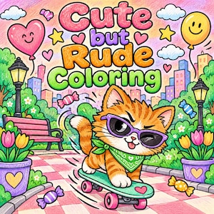 Könnte beinhalten: Ein Malbuch-Cover mit dem Titel Cute but Rude Coloring, das eine orangefarbene getigerte Katze mit violetter Sonnenbrille und grünem Halstuch auf einem türkisfarbenen Skateboard zeigt, vor einem Hintergrund mit Parkbank und Tulpen.