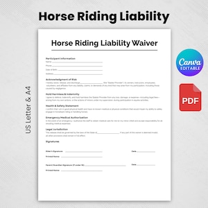 Puede incluir: Documento blanco titulado "Horse Riding Liability Waiver" con campos de texto para información del participante, reconocimientos y firmas. Incluye un logotipo "Canva EDITABLE" y un icono "PDF" rojo.