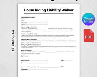 One Page Horse Riding Liability Waiver, Editable Equine Waiver Form Template, Horse Rental Consent Form, Riding Waiver Form Template