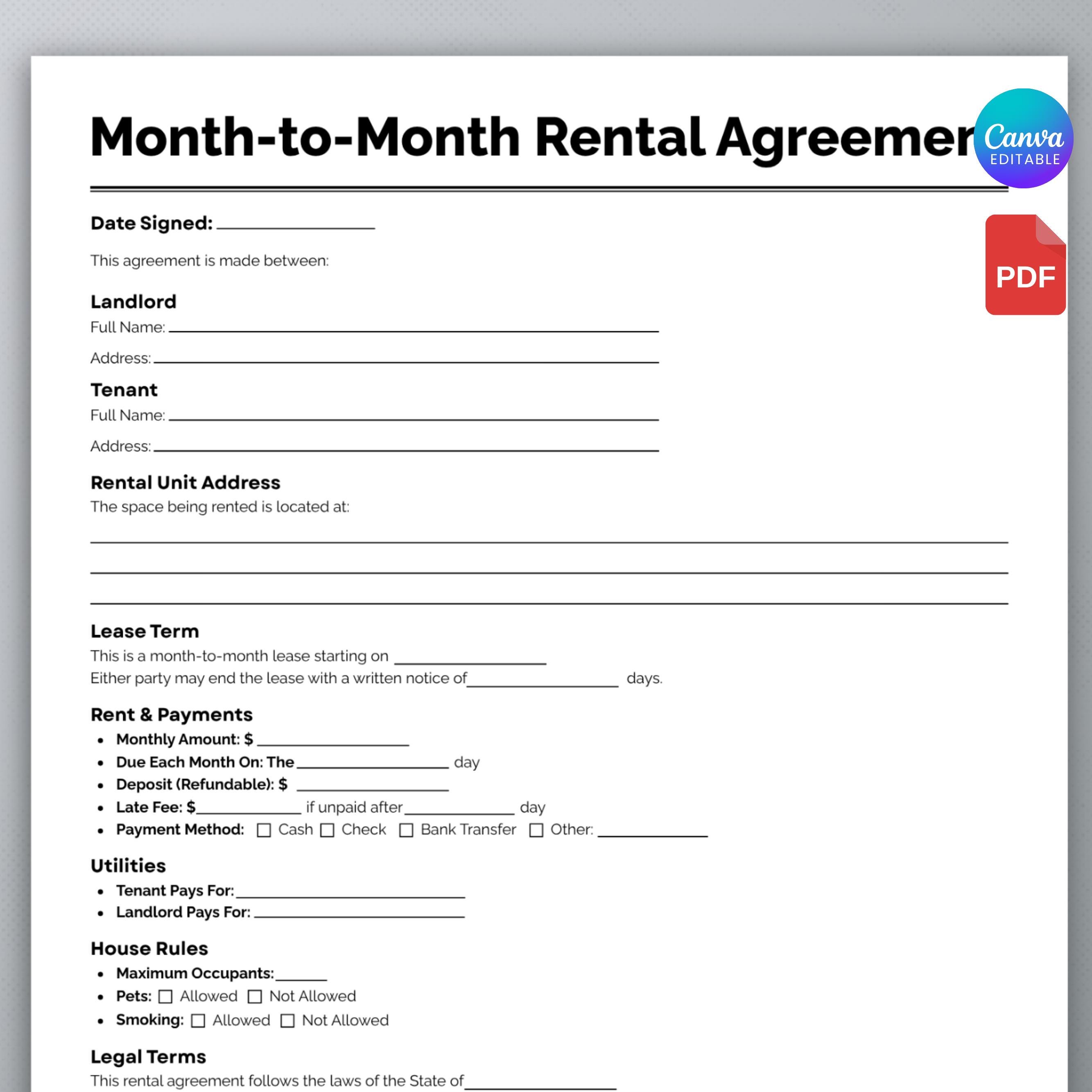 One Month Rent One Page Month to Month Rental Agreement, Rental Contract, Editable ...