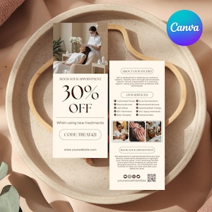 Bewerkbare visitekaartjesflyer, moderne marketingflyer voor kleine bedrijven, zakelijke reclameflyer, schoonheidsspecialiste flyer, canvassjabloon