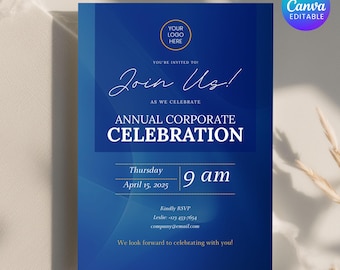 Business Invitation Template, Corporate Annual Celebration Dinner Party Anniversary, Office Anniversary Printable Party, Canva Template