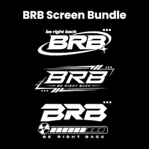 Puede incluir: Un paquete gráfico digital titulado BRB Screen Bundle que presenta tres diseños de texto en blanco sobre un fondo negro. Cada diseño muestra el acrónimo BRB y la frase be right back en varias fuentes estilizadas, incluyendo motivos orbitales, geométricos y de barra de carga.