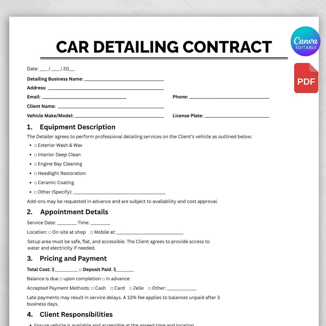 Car Detailing Contract, Customizable Auto Detailing Agreement Form ...