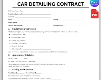 Car Detailing Contract, Customizable Auto Detailing Agreement Form Template, Car Detailing Forms, Car Detailer Agreement,  Canva Template