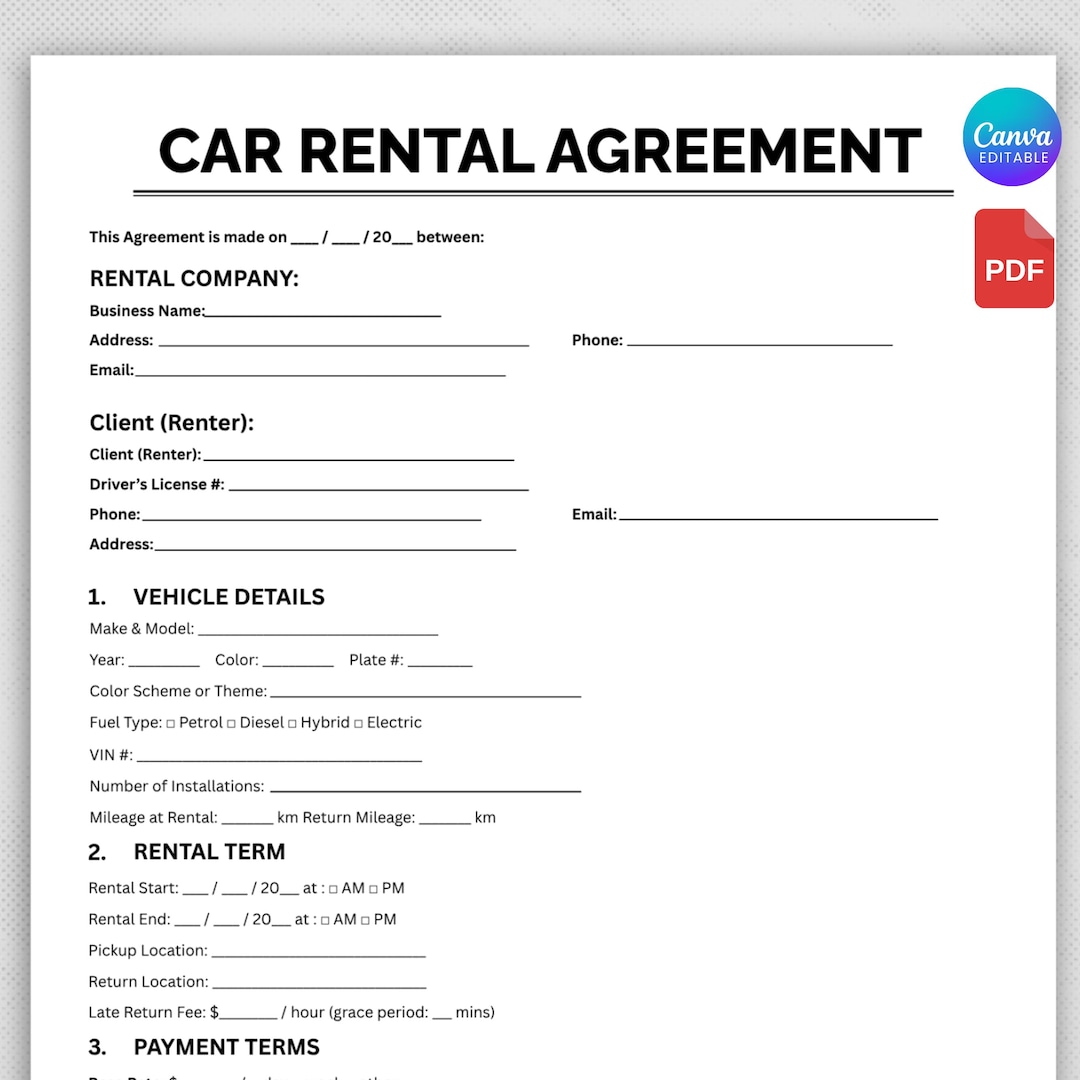 Car Rental Agreement, Customizable Car Rental Contract Template, Car ...