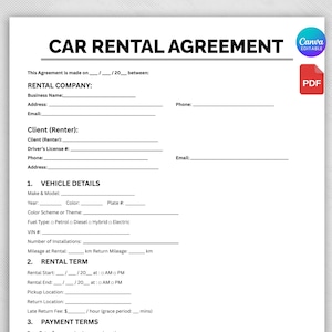 Car Rental Agreement, Customizable Car Rental Contract Template, Car Rental Agreement, Vehicle Rental,Vehicle Lease Contract, Canva Template