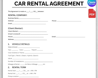 Car Rental Agreement, Customizable Car Rental Contract Template, Car Rental Agreement, Vehicle Rental,Vehicle Lease Contract, Canva Template