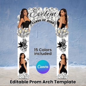 Pu&ograve; includere: Un modello di arco per il ballo di fine anno modificabile con il nome "Evelyn" e "Classe del 2025" in una scrittura elegante. Il design include immagini di una donna in abito nero, palloncini argentati e il logo Canva. Il modello include 15 colori.