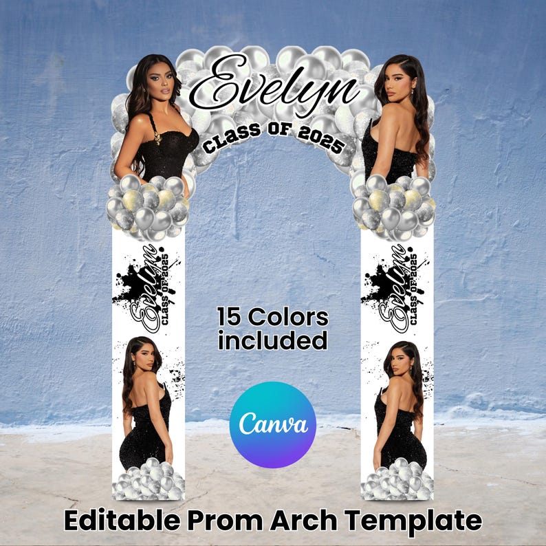 Pu&ograve; includere: Un modello di arco per il ballo di fine anno modificabile con il nome "Evelyn" e "Classe del 2025" in una scrittura elegante. Il design include immagini di una donna in abito nero, palloncini argentati e il logo Canva. Il modello include 15 colori.