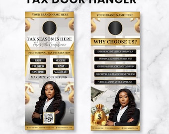 Tax Door Hanger Template, Tax Preparer Gold And White Banner, Tax Season Marketing Template, DIY Door Hanger, Canva Template