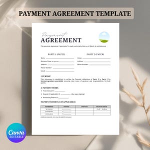 May include: A printable payment agreement template with fields for payee and payer information, payment terms, and a payment schedule. The template is designed for use with services or products provided.