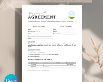 Payment Agreement Contract Template, Agreement Template, Payment Agreement Form,Agreement to Pay Contract,Written Payment Agreement template