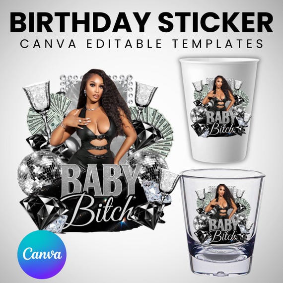 All Black Theme Birthday Sticker, Styrofoam Cup Sticker, Shot Glass, All Zodiac Signs, T-Shirt Design, Canva Template, Instant Download