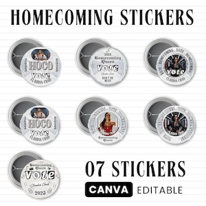 Puede incluir: Colección de siete pegatinas redondas con respaldo metálico. Cada pegatina presenta una foto, las palabras "HOCO Vote", "Homecoming Queen" y el nombre "Claudia Chad". También se incluyen los años "2023" y "2025".