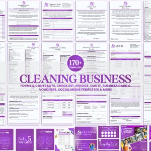May include: A collection of over 170 cleaning business templates including forms, contracts, checklists, invoices, quotes, business cards, and vouchers. The documents feature a purple and white color scheme with professional text and layouts.