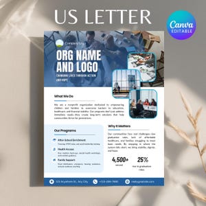 May include: A blue and white flyer with the text "US LETTER" at the top. The flyer includes the text "ORG NAME AND LOGO" and "CHANGING LIVES THROUGH ACTION AND HOPE." It also lists programs and the number of people served.