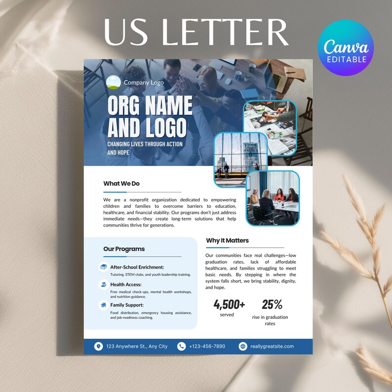 May include: A blue and white flyer with the text "US LETTER" at the top. The flyer includes the text "ORG NAME AND LOGO" and "CHANGING LIVES THROUGH ACTION AND HOPE." It also lists programs and the number of people served.