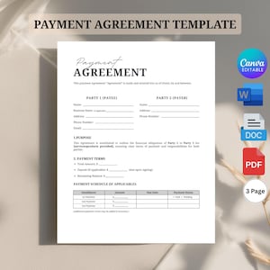 May include: A white document titled Payment Agreement Template with black text. It includes sections for Party 1 and Party 2, purpose, payment terms, and a payment schedule table. Icons for Canva, Word, Doc, and PDF are visible on the right side.