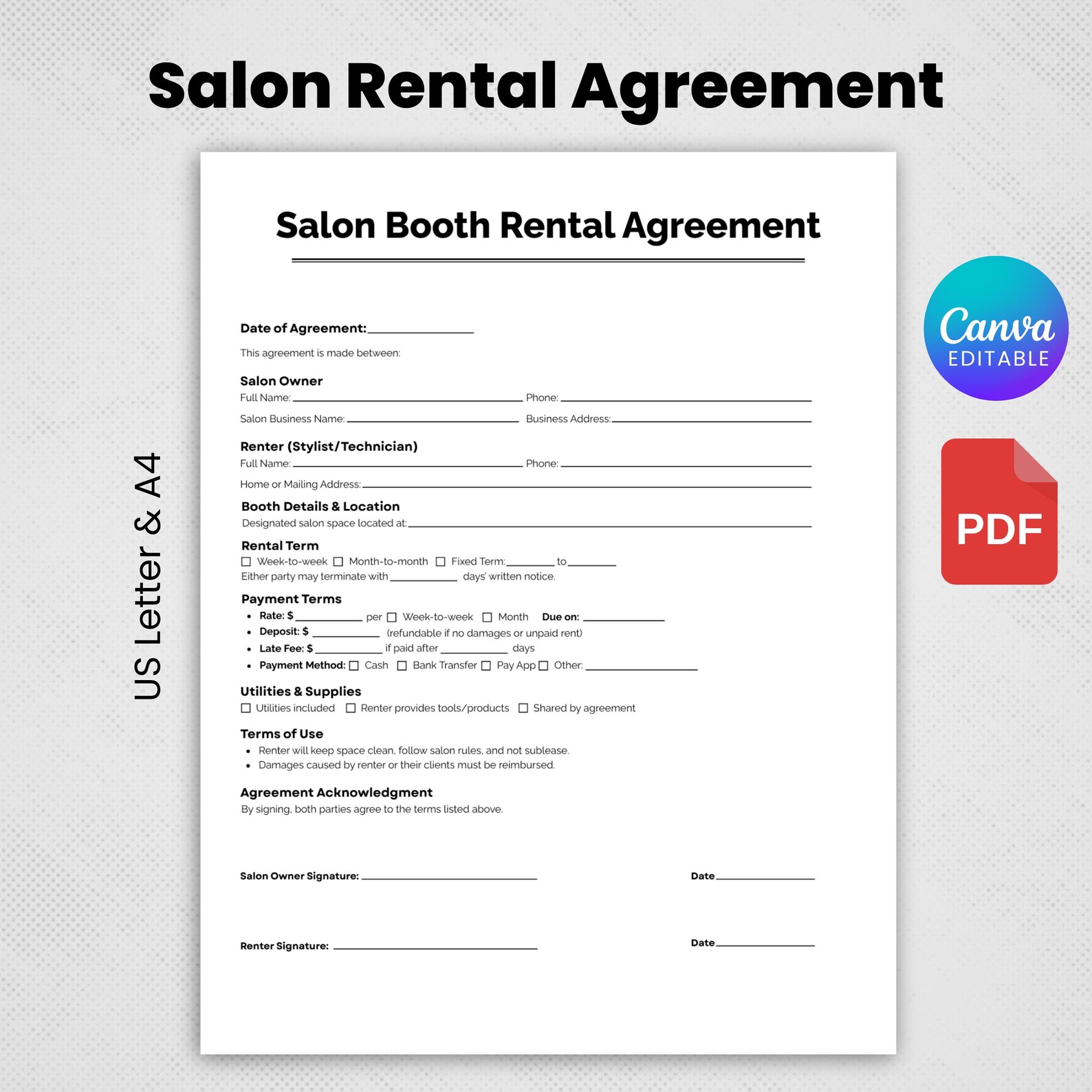 Editable Salon Booth Rental Agreement Template, Customizable Booth ...