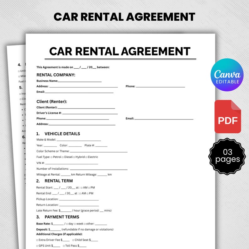 Car Rental Agreement, Customizable Car Rental Contract Template, Car ...