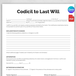 May include: A printable Codicil to Last Will document template. The document has a white background with black text, including the title "Codicil to Last Will". The Canva and PDF logos are visible in the upper right corner.