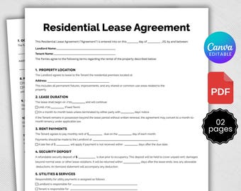 Printable Residential Lease Agreement, Editable Rental Agreement Form, Lease Contract Template, Landlord Property Agreement, Canva Template