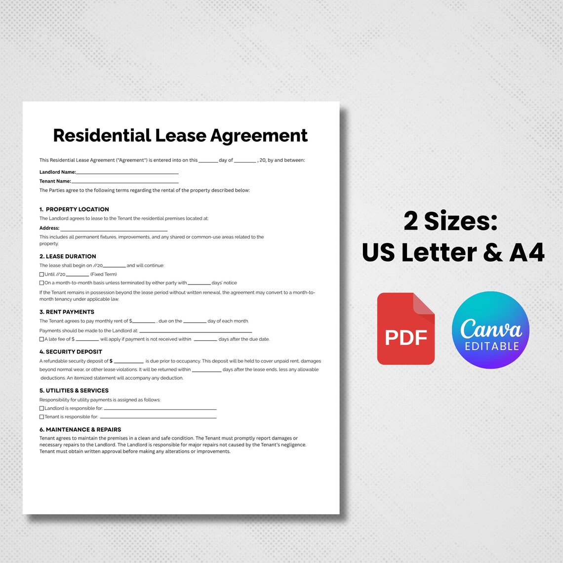 Printable Residential Lease Agreement, Editable Rental Agreement Form ...