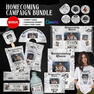 以下が含まれることがあります： ホームカミングキャンペーンアイテムのバンドル。キャンディーカード、キャンペーンマネー、ロリポップタグなど。アイテムには女性の写真と「Homecoming Queen, Vote, Don't Be Mean」の文字が写っています。