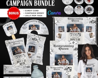 May include: A bundle of homecoming campaign items, including candy cards, campaign money, and lolly pop tags. The items feature a photo of a woman and the text "Homecoming Queen, Vote, Don't Be Mean."