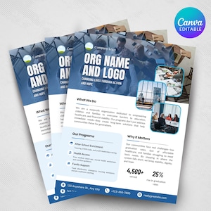May include: Three stacked flyers with a blue and white design. The top flyer displays the text "ORG NAME AND LOGO" and "CHANGING LIVES THROUGH ACTION AND HOPE." The flyers promote community programs.