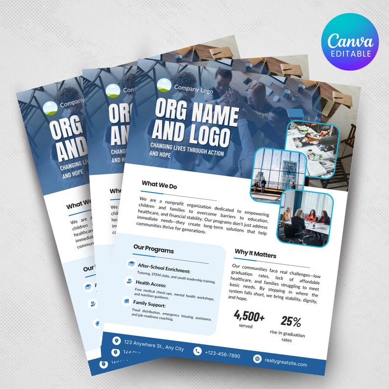 May include: Three stacked flyers with a blue and white design. The top flyer displays the text "ORG NAME AND LOGO" and "CHANGING LIVES THROUGH ACTION AND HOPE." The flyers promote community programs.