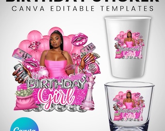 Pink Dollar Style Birthday Sticker, Styrofoam Cup Sticker, Shot Glass, All Zodiac Signs, T-Shirt Design, Canva Template, Instant Download
