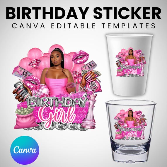 Dollar Bill Birthday Sticker Template, Styrofoam Cup Sticker, Shot Glass, All Zodiac Signs, T-Shirt Design, Canva Template, Instant Download